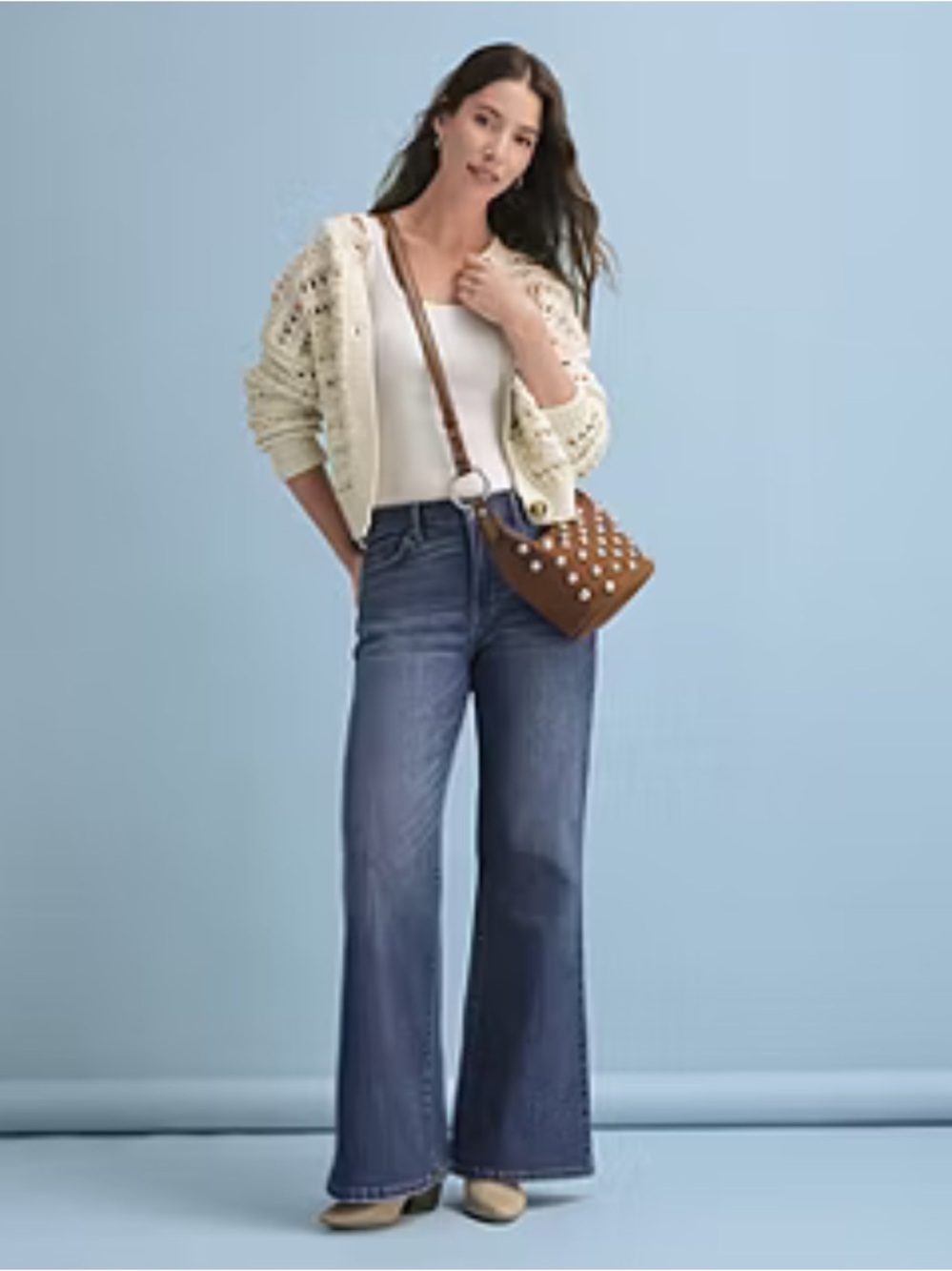 Studded Brown Crossbody Bucket Bag with Adjustable Strap